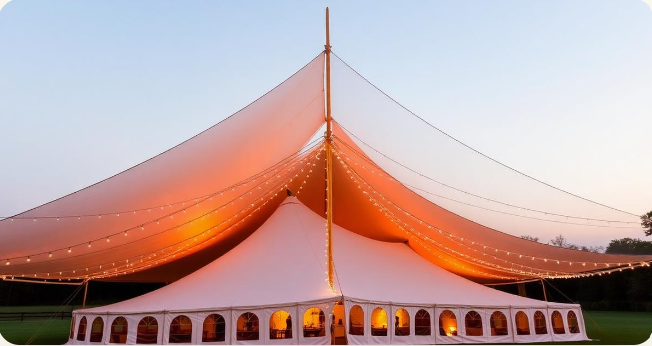 Elegant sailcloth tent glowing at an outdoor Georgia event